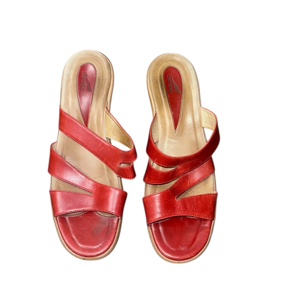 Dansko Red Leather Strappy Wedge Slide Sandals Size 42 (Made in Portugal)